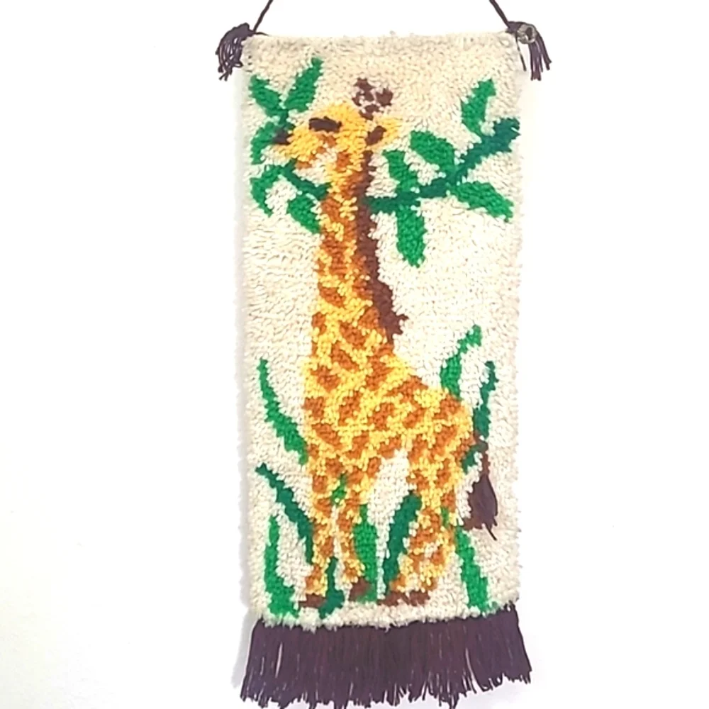 Giraffe Latch Hook Handmade  in USA Vintage Brass hanger Yellow Brown Green EUC